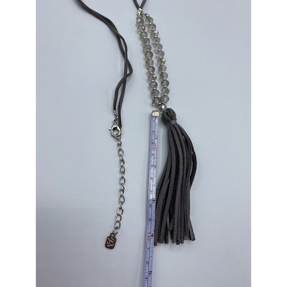 You and I Suede Tassel necklace Gray Crystal Long Necklace 32" + 4.5" - Picture 6 of 9